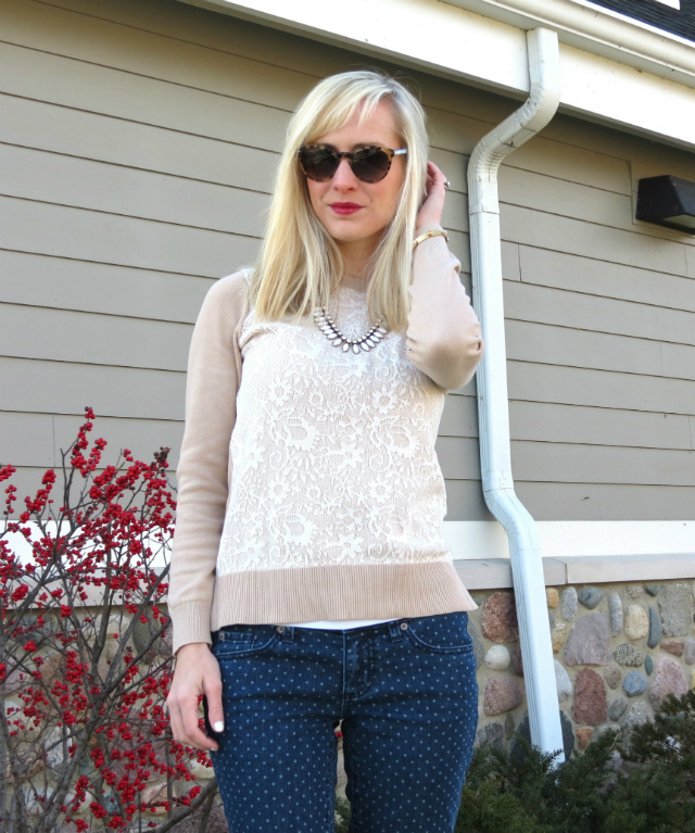 target polka dot jeans, loft lace sweater, flat ankle boots with jeans, madewell bracelet, j crew necklace, kate spade sunglasses