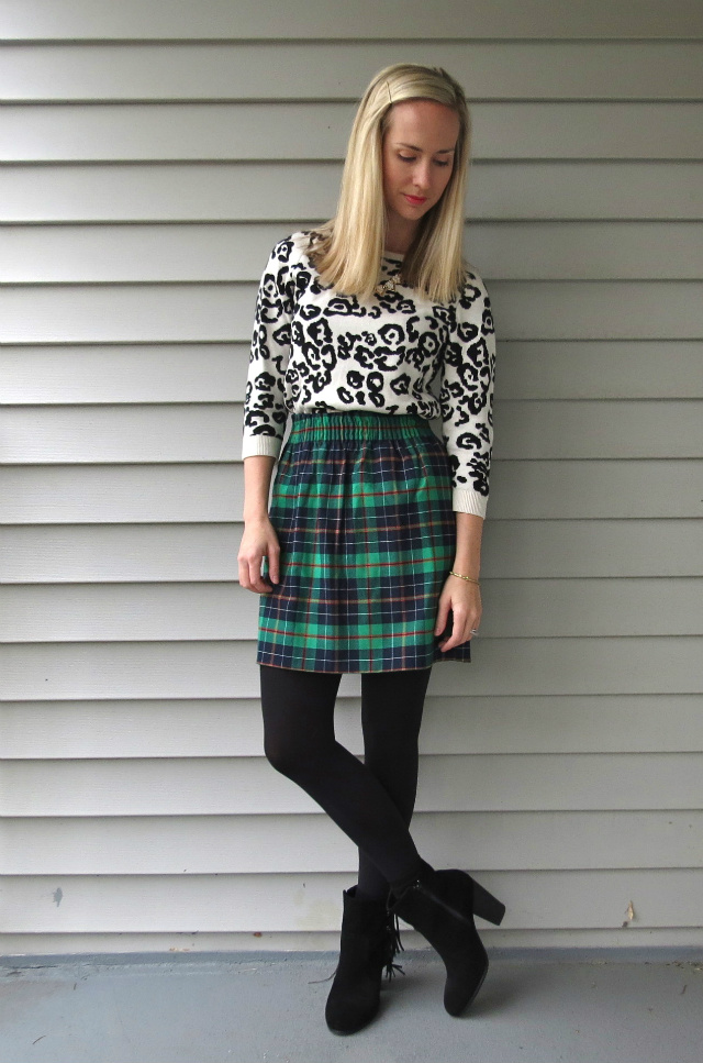 j crew factory plaid skirt, snow leopard sweater, how to mix prints, plaid and leopard print, ankle boots with skirt