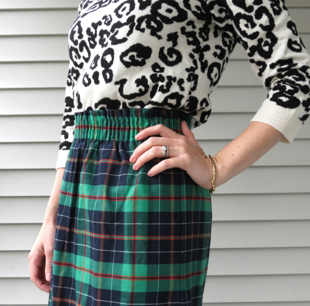 j crew factory plaid skirt, snow leopard sweater, how to mix prints, plaid and leopard print, ankle boots with skirt