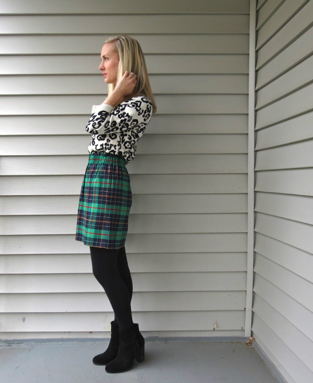 j crew factory plaid skirt, snow leopard sweater, how to mix prints, plaid and leopard print, ankle boots with skirt