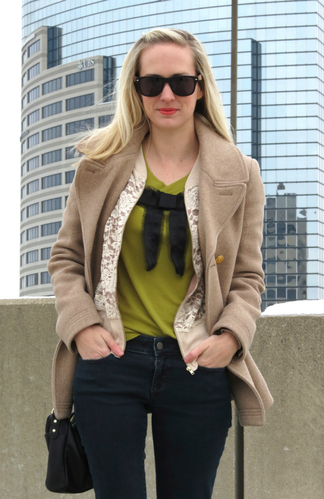 j crew majesty peacoat, ann taylor jeans, sole society colorblock flats, bow shirt, solo sunglasses, winter outfit, cold weather style