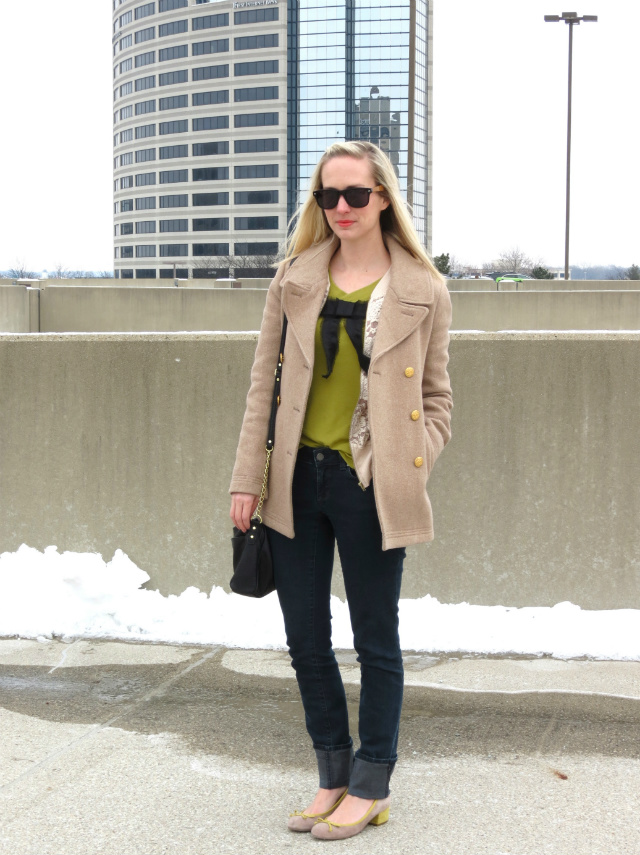 j crew majesty peacoat, ann taylor jeans, sole society colorblock flats, bow shirt, solo sunglasses, winter outfit, cold weather style, ysl corail lipstick