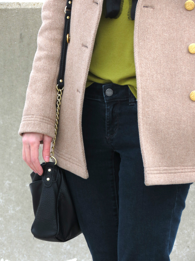 j crew majesty peacoat, ann taylor jeans, sole society colorblock flats, bow shirt, solo sunglasses, winter outfit, cold weather style, ysl corail lipstick