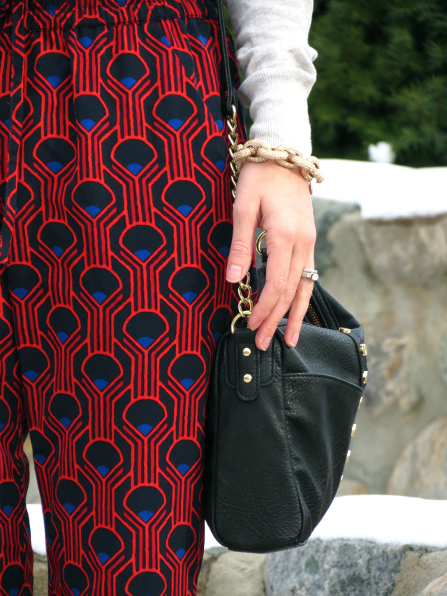 j crew sweater, elastic waist printed pants, oasap sunglasses, ankle boots, j crew pave link bracelet, leather sleeve trench coat, indianapolis style blog