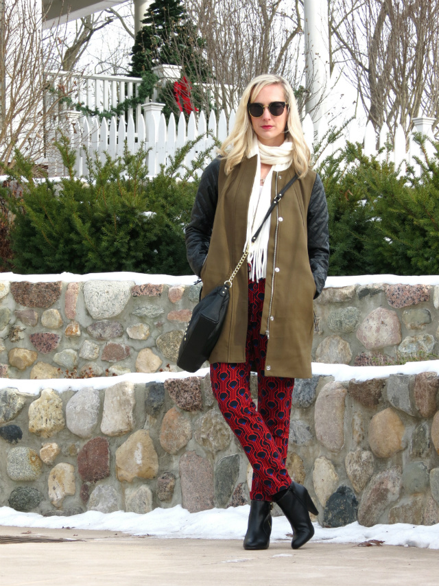 j crew sweater, elastic waist printed pants, oasap sunglasses, ankle boots, j crew pave link bracelet, leather sleeve trench coat, indianapolis style blog