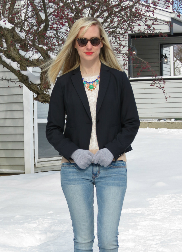 ann taylor blazer, statement necklace, loft lace sweater, american eagle jeggings, target combat boots, law school style