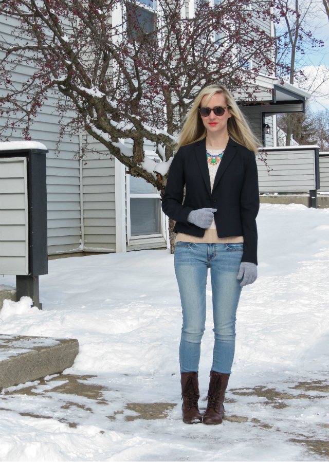 ann taylor blazer, statement necklace, loft lace sweater, american eagle jeggings, target combat boots, law school style