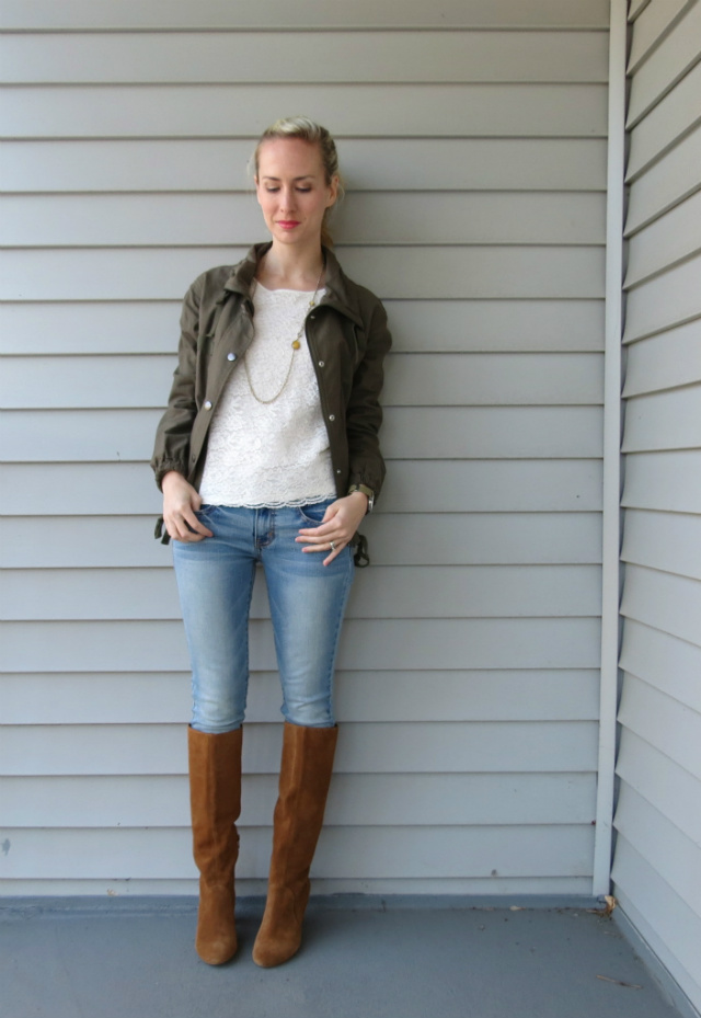 sole society brandi boots, olive army jacket, american eagle jeggings, ann taylor lace shirt, timex weekender, law school style