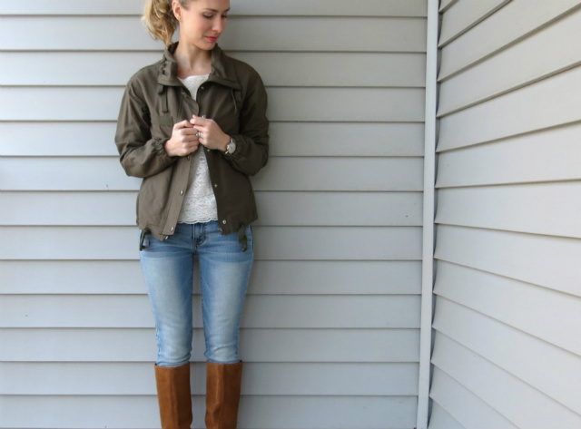 sole society brandi boots, olive army jacket, american eagle jeggings, ann taylor lace shirt, timex weekender, law school style