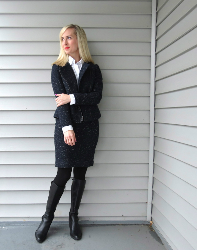 ann taylor tweed suit, boots for the office, knee high boots with pencil skirt, law student style