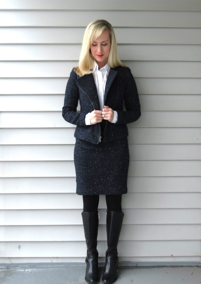 ann taylor tweed suit, boots for the office, knee high boots with pencil skirt, law student style