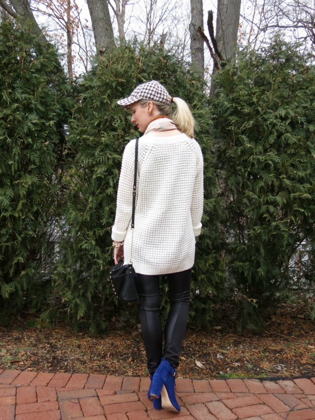 forever 21 sweater, faux leather leggings, j crew houndstooth baseball cap, phillip lim target scarf, dolce vita boots