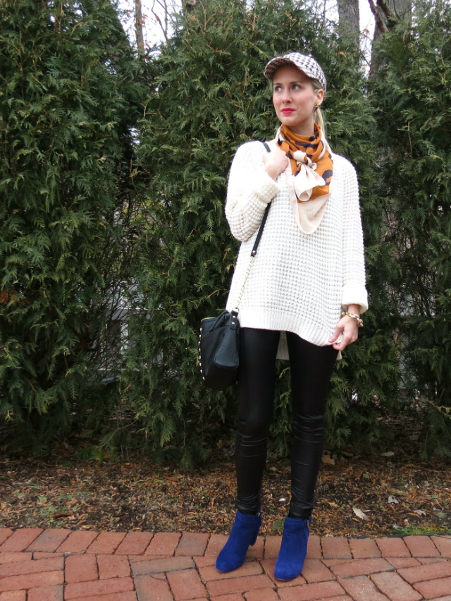 forever 21 sweater, faux leather leggings, j crew houndstooth baseball cap, phillip lim target scarf, dolce vita boots