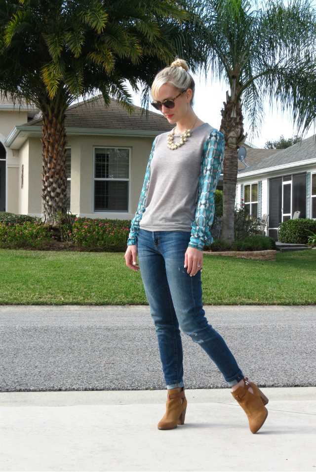 wayf top, joe's jeans, guess cutout ankle boots, j crew cluster pearl necklace, kate spade sunglasses