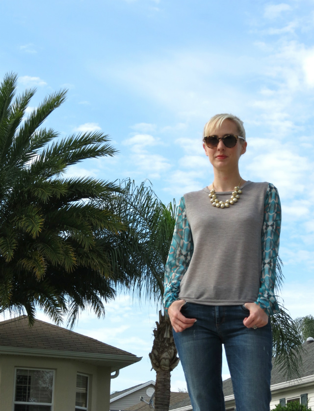 wayf top, joe's jeans, guess cutout ankle boots, j crew cluster pearl necklace, kate spade sunglasses