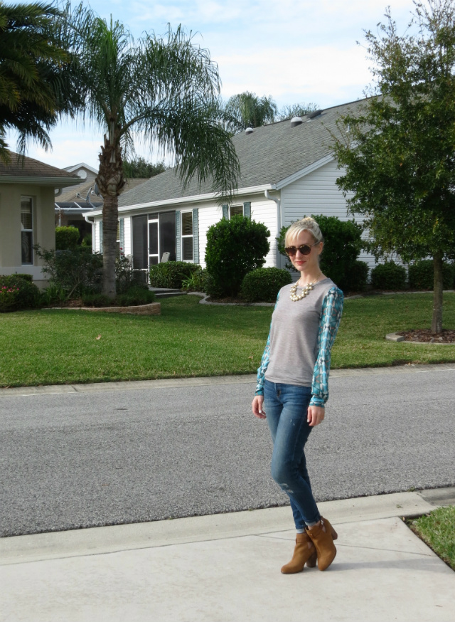 wayf top, joe's jeans, guess cutout ankle boots, j crew cluster pearl necklace, kate spade sunglasses