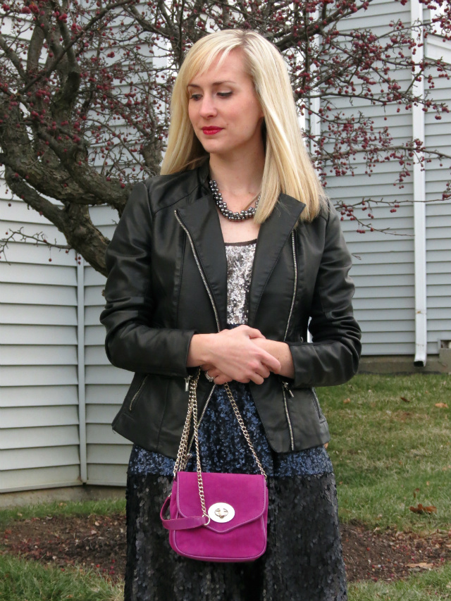 sequins, madewell dress, express minus the leather jacket, aldo bag, loopsway necklace, new years even outfit, indianapolis style blogger