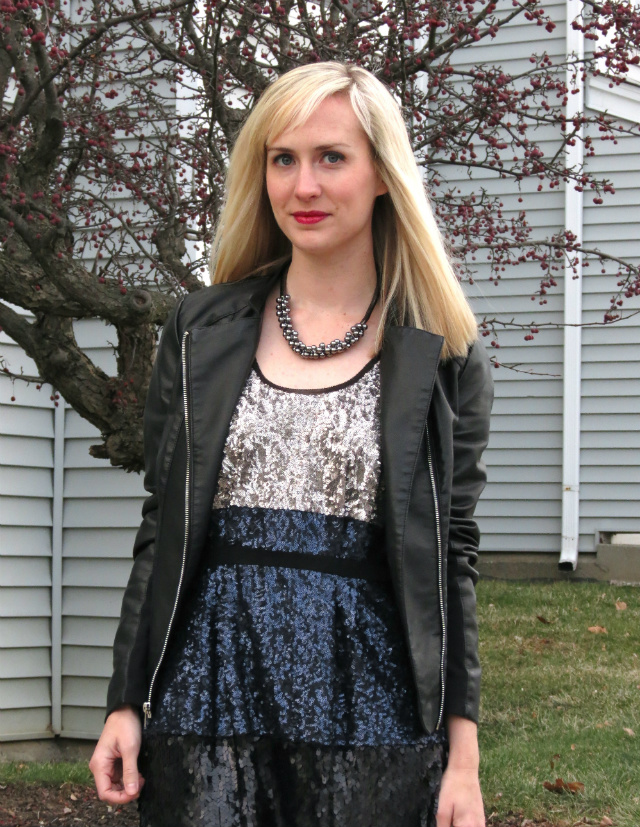 sequins, madewell dress, express minus the leather jacket, aldo bag, loopsway necklace, new years even outfit, indianapolis style blogger