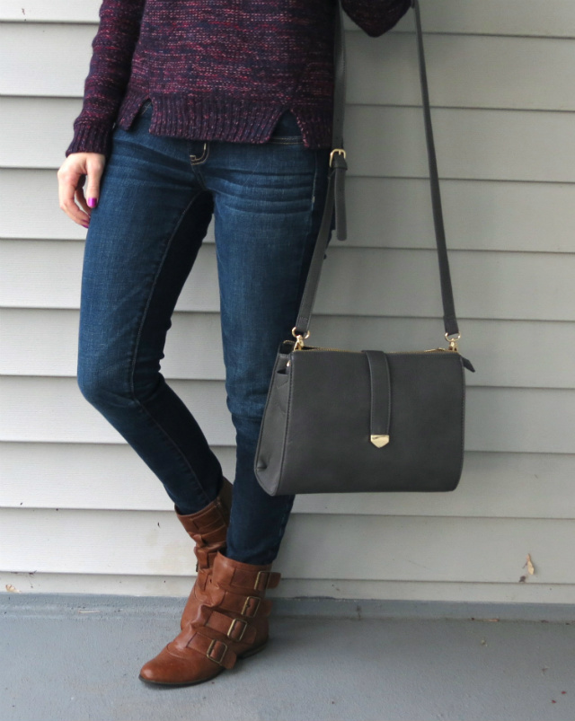 asos sweater, american eagle jeggings, flat ankle boots with jeans, onecklace monogram necklace, forever 21 bag