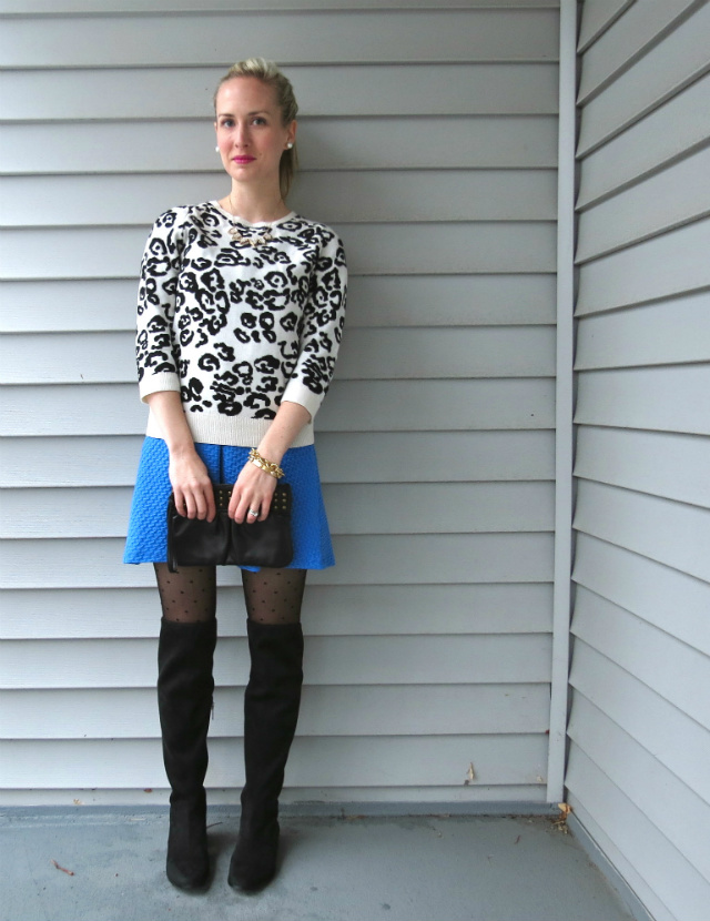 ann taylor leopard sweater, H&M dress, calvin klein over the knee boots, ysl pourpre preview, indianapolis style blogger