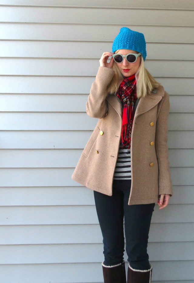 how to make outfits from pinterest, winter fashion, express leather vest, j crew majesty peacoat, blue beanie, madewell sunglasses, plaid scarf, indianapolis style blogger