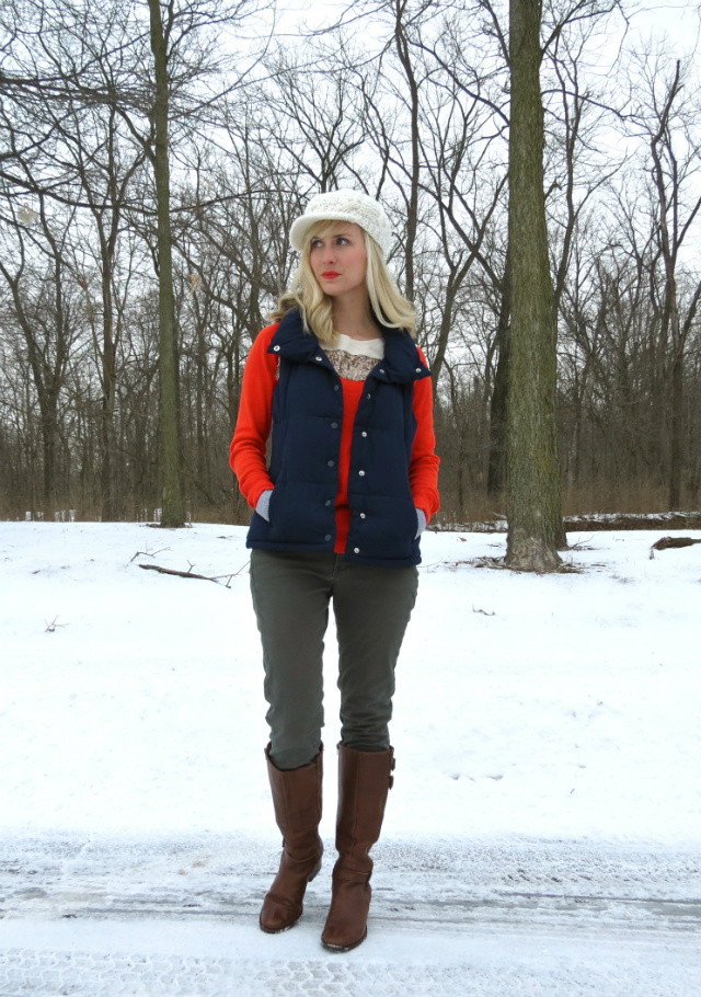 j crew majesty peacoat, sequin stripe sweater, puffer vest, winter hat, matisse boots, indianapolis style blog, law school style blog