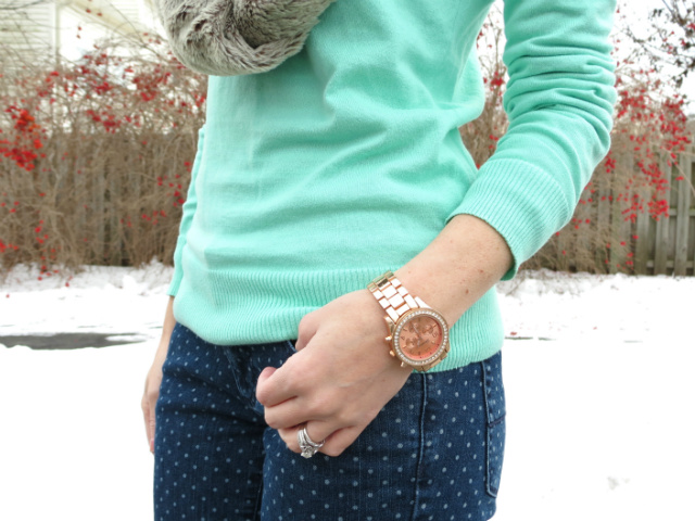 shoemint silver flats, watch for small wrist, j crew mint green, faux fur scarf, madewell hepcat sunglasses, mixing metals