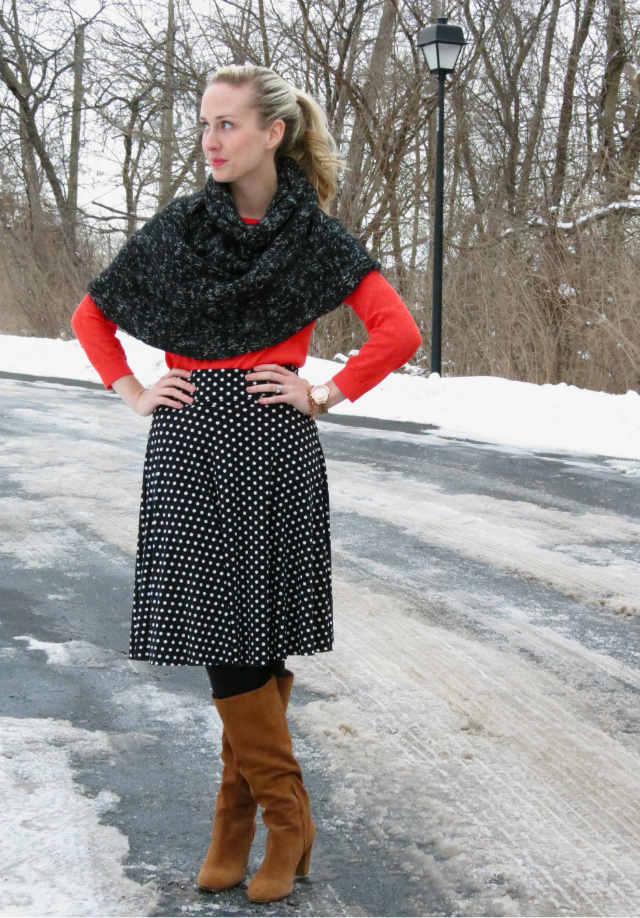 cape, capelet, sole society boots, rose gold watch, rose gold cluster bracelet, polka dot skirt, indiana style blog