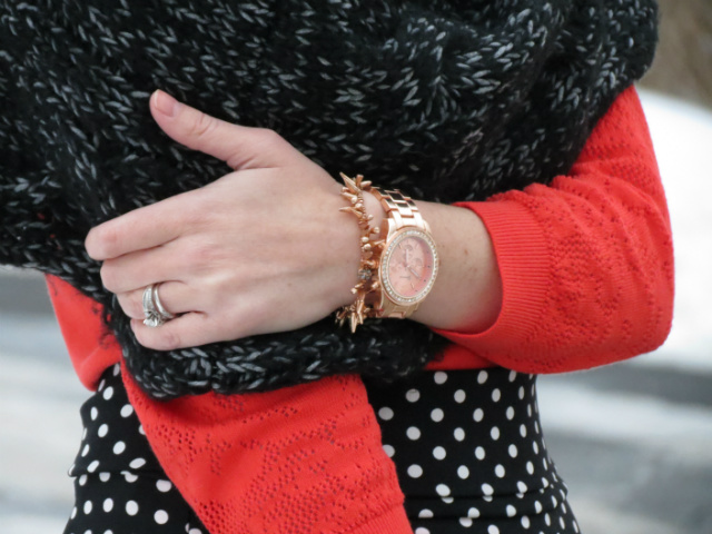 cape, capelet, sole society boots, rose gold watch, rose gold cluster bracelet, polka dot skirt, indiana style blog