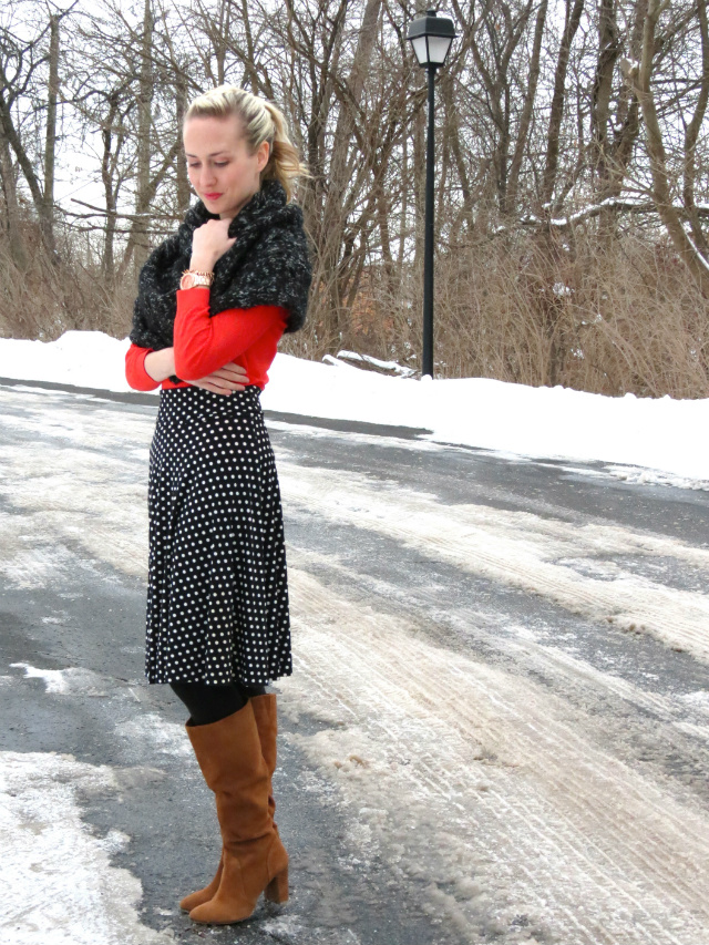 cape, capelet, sole society boots, rose gold watch, rose gold cluster bracelet, polka dot skirt, indiana style blog