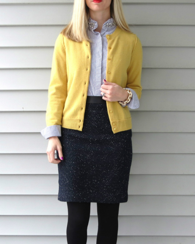 cashmere cardigan, kohls embellished shirt, ann taylor pencil skirt, nine west pumps, j crew pave link bracelet