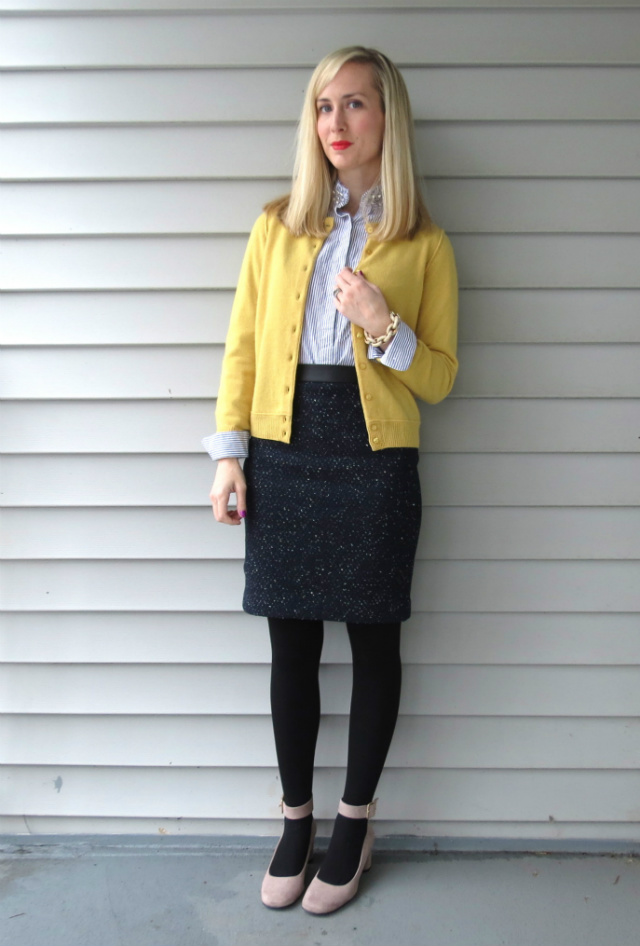 cashmere cardigan, kohls embellished shirt, ann taylor pencil skirt, nine west pumps, j crew pave link bracelet