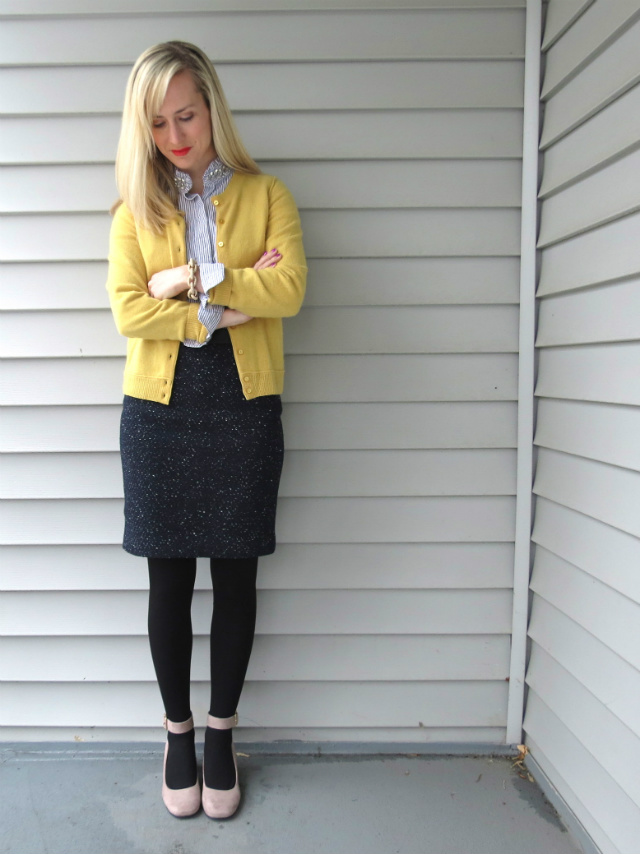 cashmere cardigan, kohls embellished shirt, ann taylor pencil skirt, nine west pumps, j crew pave link bracelet