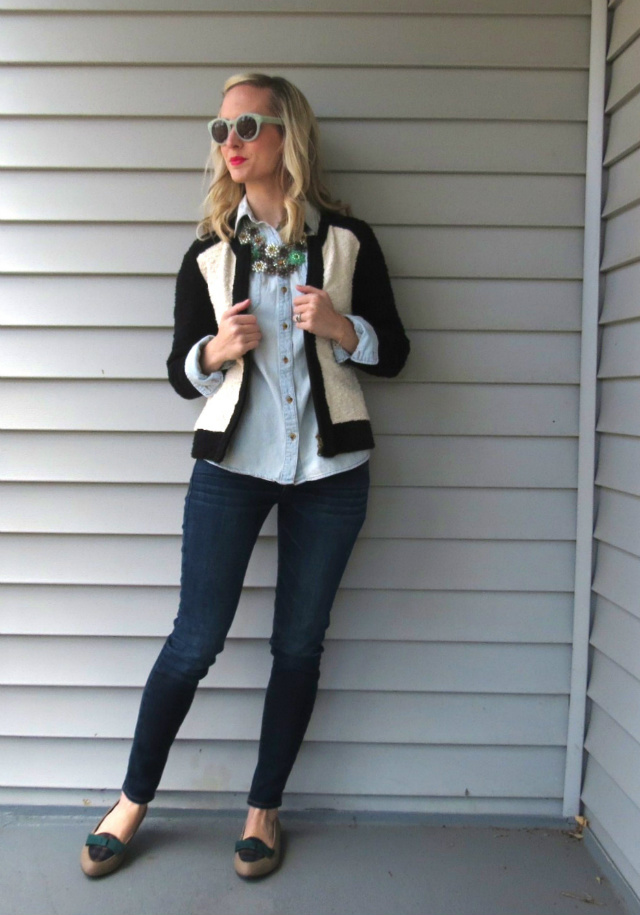 j crew colorblock sweater, madewell hepcat sunglasses, fresh produce necklace, plaid loafers