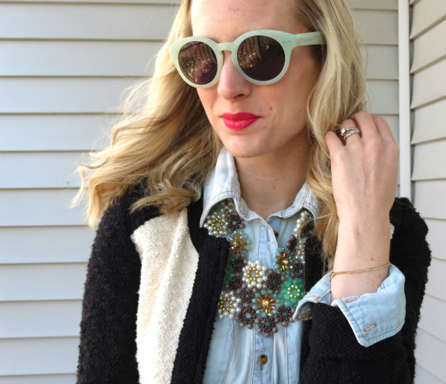 j crew colorblock sweater, madewell hepcat sunglasses, fresh produce necklace, plaid loafers