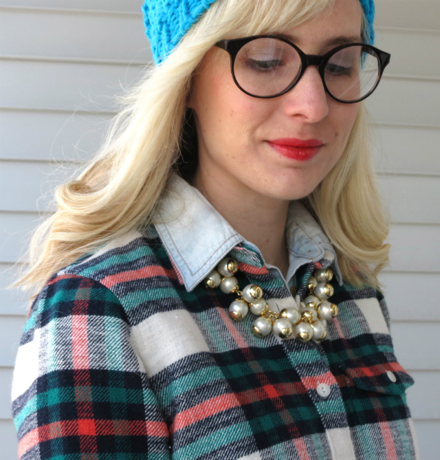 layered button up shirts, flannel and chambray, blue beanie, glasses, over the knee boots, j crew pearl necklace, law school style