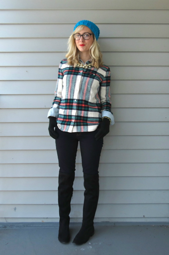 layered button up shirts, flannel and chambray, blue beanie, glasses, over the knee boots, j crew pearl necklace, law school style