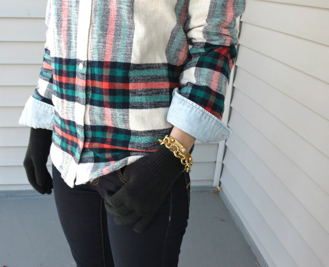 layered button up shirts, flannel and chambray, blue beanie, glasses, over the knee boots, j crew pearl necklace, law school style