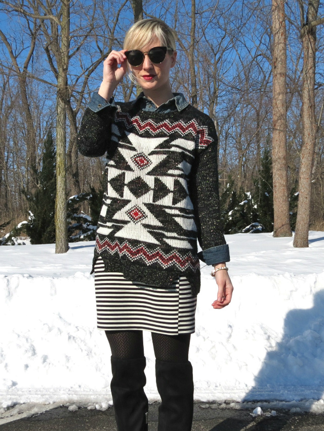 aztec sweater, madewell striped skirt, oasap sunglasses, calvin klein over the knee boots, madewell chambray, winter outfit style, law school style