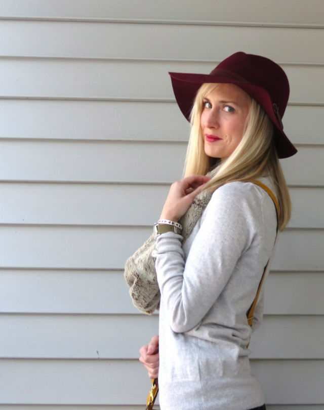 anthropologie burgundy rancher hat, phillip lim for target bag, faux fur scarf, sole society boots