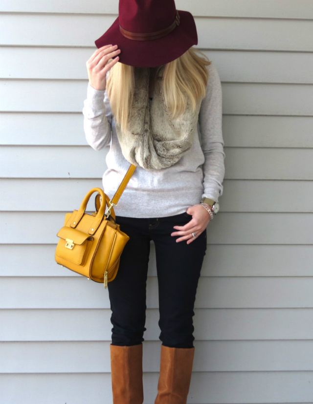 anthropologie burgundy rancher hat, phillip lim for target bag, faux fur scarf, sole society boots