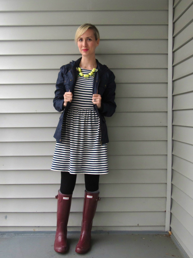 madewell striped dress, target excursion jacket, j crew field jacket dupe, hunter rain boots, max and chloe necklace