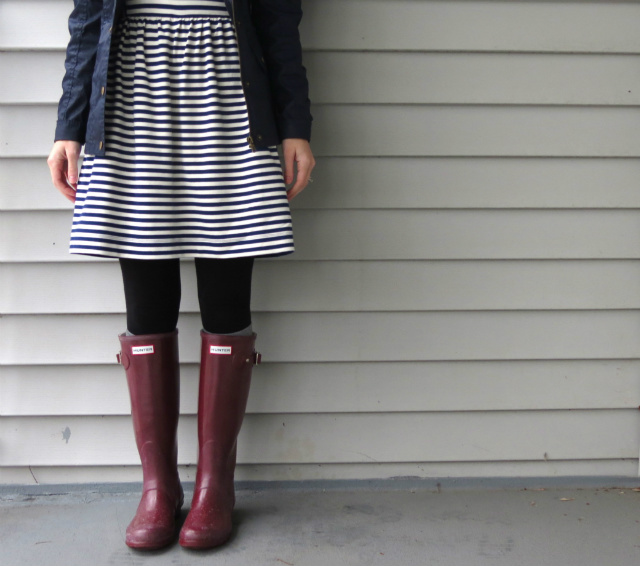 madewell striped dress, target excursion jacket, j crew field jacket dupe, hunter rain boots, max and chloe necklace
