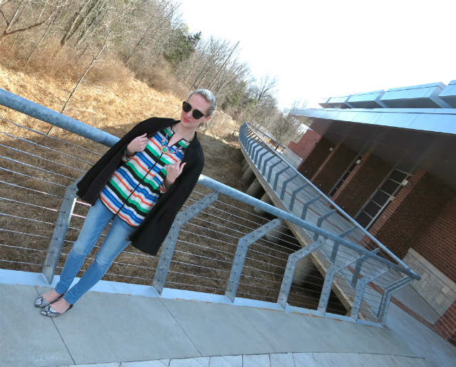 striped tunic, american eagle jeggings, sam libby target d'orsay flats, forever 21 cape, francesca's statement necklace, oasap sunglasses