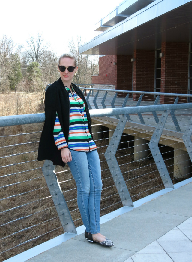 striped tunic, american eagle jeggings, sam libby target d'orsay flats, forever 21 cape, francesca's statement necklace, oasap sunglasses