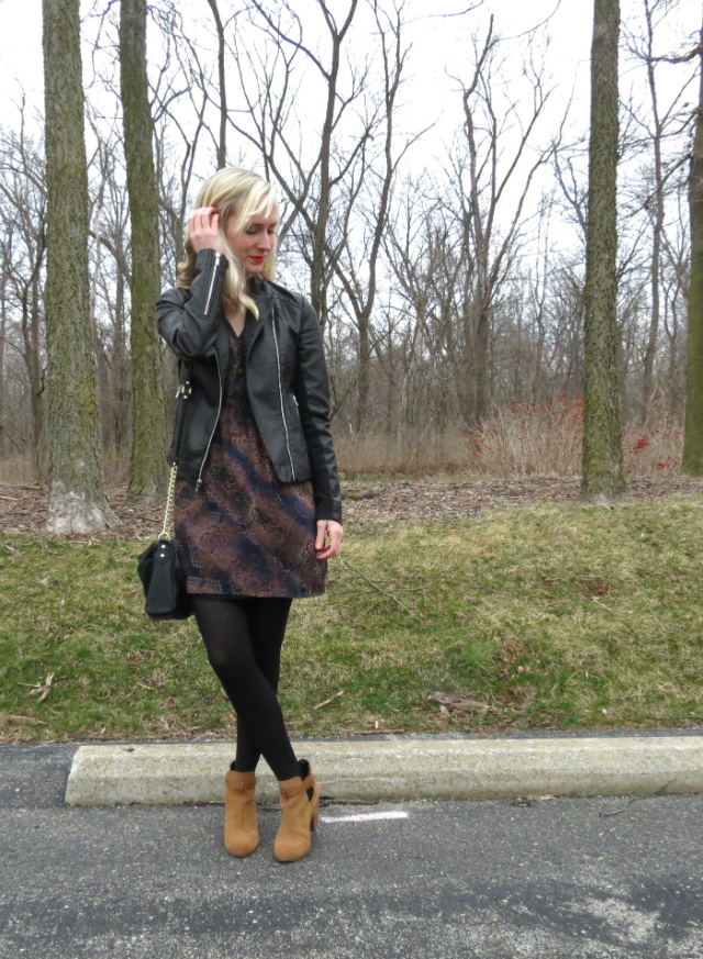 leather jacket over sundress, summer dress with tights, dress and ankle boots, spring transitional outfit
