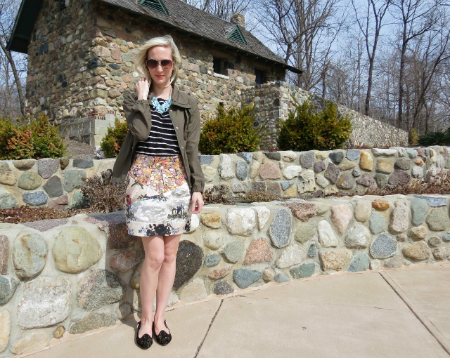 loft striped tee, flower statement necklace, anthropologie skirt, mixed prints, shoemint flats, army jacket