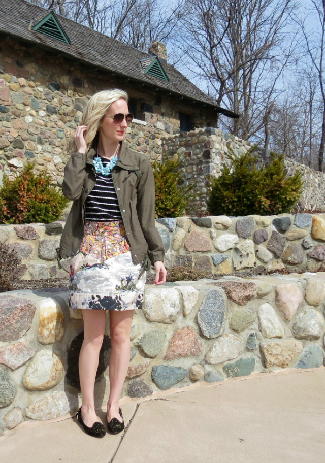 loft striped tee, flower statement necklace, anthropologie skirt, mixed prints, shoemint flats, army jacket