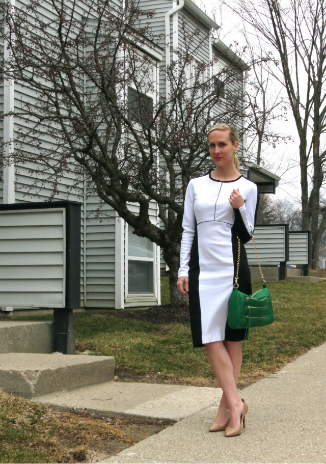 black and white sheath dress, yellow trench, jessica simpson nude pumps, rebecca minkoff inspired bag