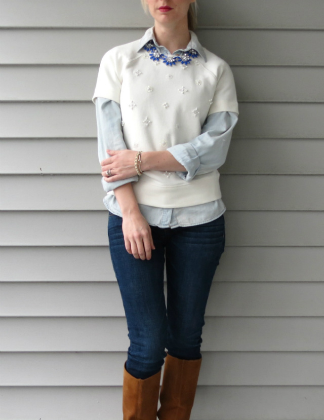 j crew factory embellished sweatshirt, short sleeve sweatshirt, sole society boots, chambray, statement necklace